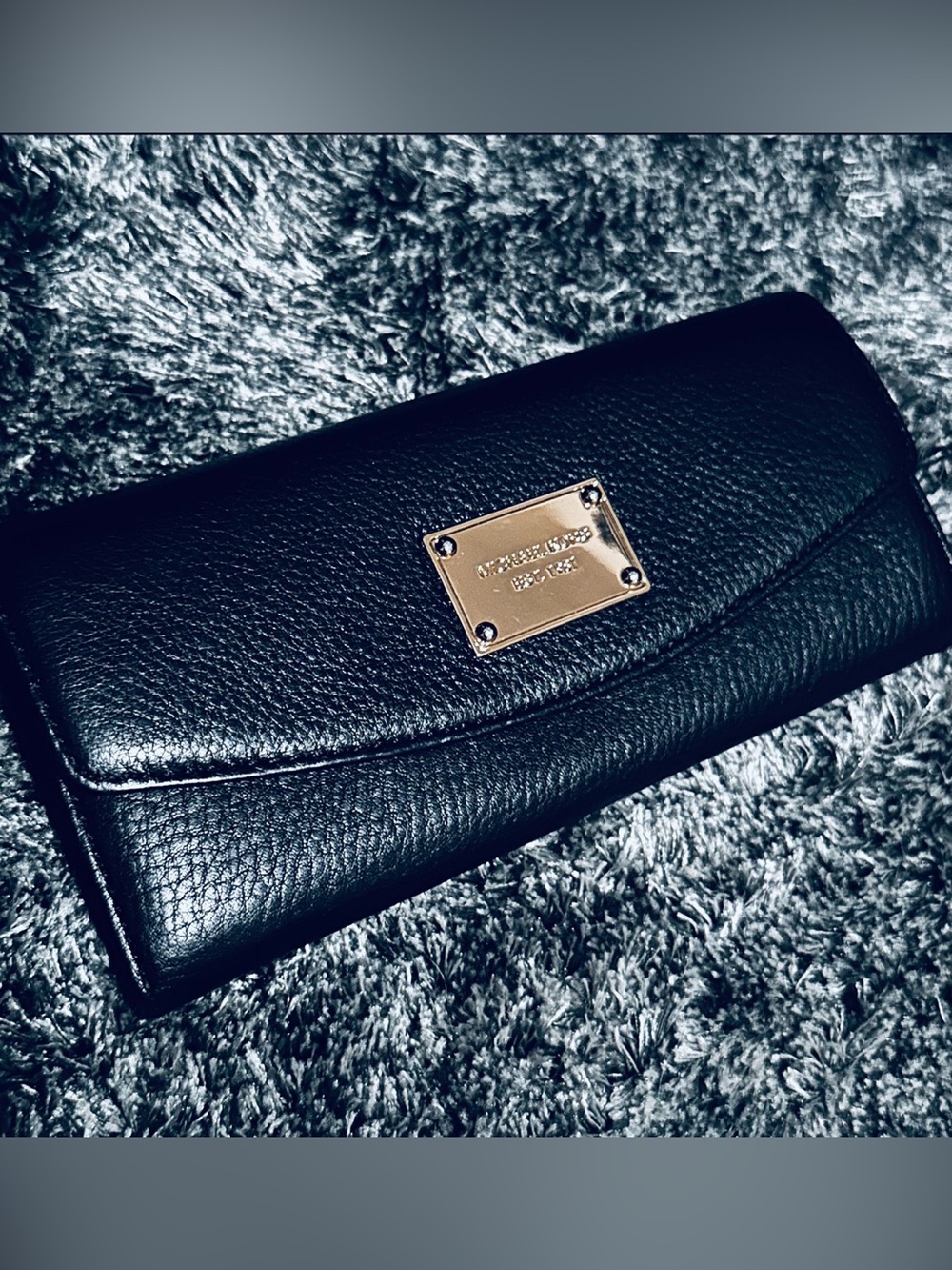 Michael Kors Black Leather Wallet with Gold Plaque Accent